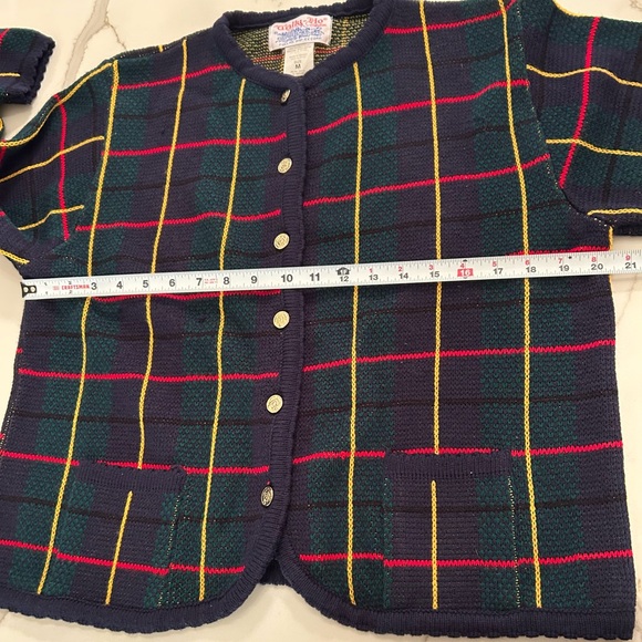Vintage plaid cardigan sweater M Gold Button Knit navy academia old‎ money - Picture 9 of 11